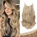 SARLA Invisible Wire Hair Extensions with 3 Clips Long Wavy Curly Synthetic Hairpiece for Women Adjustable Transparent Headband 18 Inch Bahama Beige