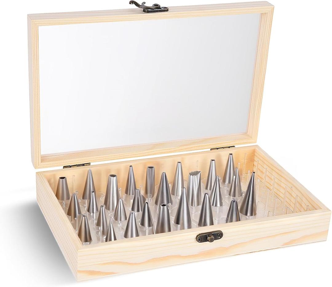 Piping Tip Organizer, Equipped with 200 Pcs of Cake Flower Nails, Holds 60 Piping Tips, Cake Decorating Tools, Baking Tools, Cake Decorating Tips Storage Box Made with Wood