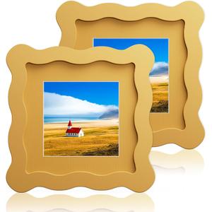 4x4 Wavy Picture Frame With Mat For 3x3, Wavy Edge Wooden Picture Frame with Real Glass - Wall Mount and Tabletop Display, Yellow, 2 Pack