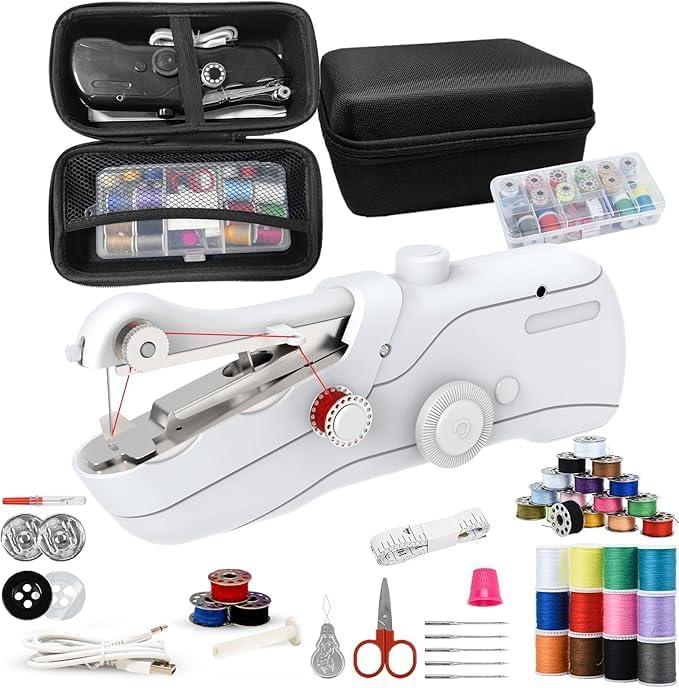 Handheld Sewing Machine, Portable Sewing Machine with Storage, Electric Switch, Two Speed Modes,Easy to Operate,Portable Mini Sewing Machine.White with accessories