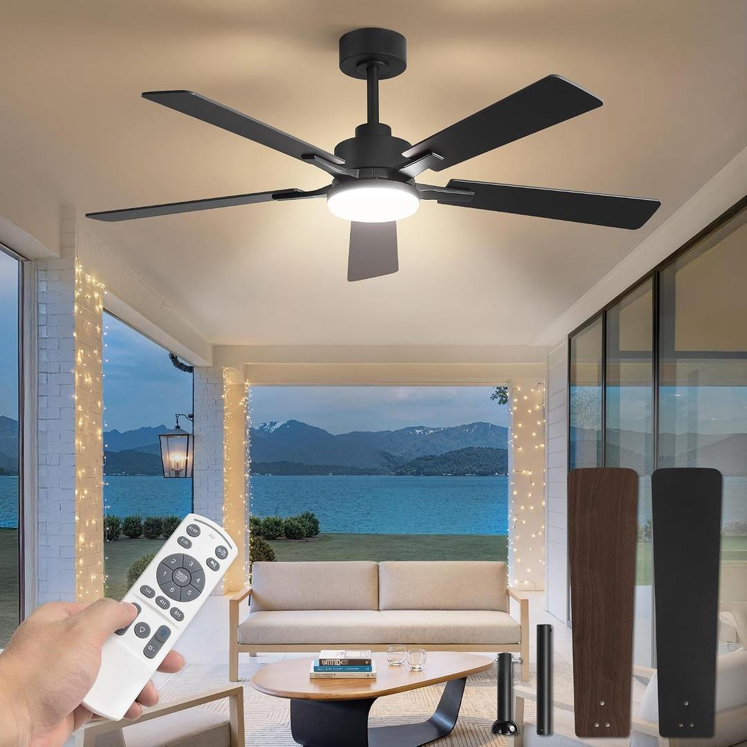 52 Inch Ceiling Fan with Light and Remote, 6 Speeds Reversible DC Motor Ceiling Fans for Bedroom Living Room Patio, 3CCT Dimmable LED, 5 Wood Blades, Downrod Mount, Sloped Ceiling Compatible