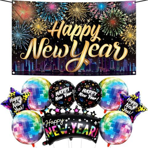 KatchOn, Neon New Years Decorations 2026 Set - Huge, Pack of 10 | Rainbow Happy New Year Banner, New Years Balloons, Disco Balloons for New Year Eve Party Supplies 2026 | NYE Decorations 2026