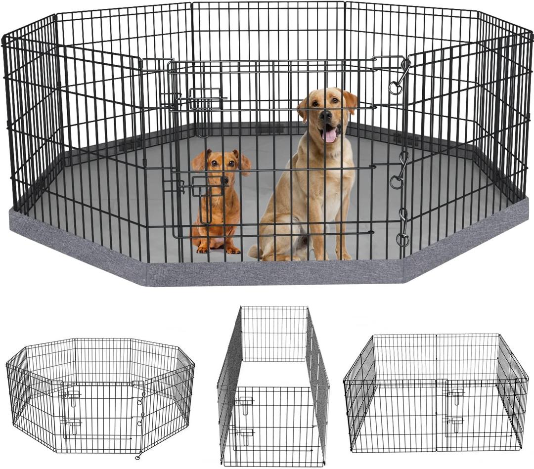 PETIME Foldable Metal Dog Exercise Pen/Pet Puppy Playpen Kennels Yard Fence Indoor/Outdoor 8 Panel 24" W x 24" H with Bottom Pad (with Bottom pad, 8 Panels 24" H)