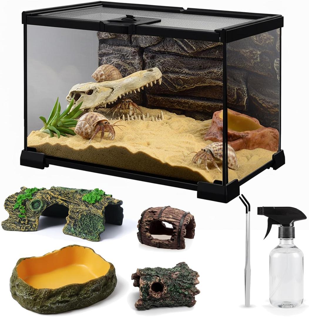 12"x8"x6" Mini Reptile Glass Terrarium Tank Kit (7 Pcs) Full View Hermit Crab Tank, Habitat Enclosure with Feeding Slot & Lock for Lizard, Bearded Dragon, Gecko, Frogs, Snake, Amphibians & Small Pets