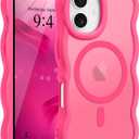 for iPhone 17 Pro Max Case, Curly Wavy Frame Hard Translucent Matte Clear Back Cover for Women Men Compatible with Magsafe Shockproof TPU Bumper Phone Case for iPhone 17 Pro Max, Hot Pink