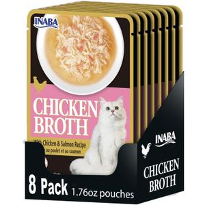 2 x INABA Chicken Broth, Side Dish/Topper for Cats with Vitamin E, 1.76 Ounce Pouch, 8 Pouches Total, Chicken and Salmon Recipe (EXP 02/04/26)