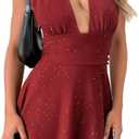 Sexy Deep V Neck Halter Glitter Bodycon Dress – Sparkling Sleeveless Cocktail Party Dress Backless Women's Evening Clubwear (Red, XL)