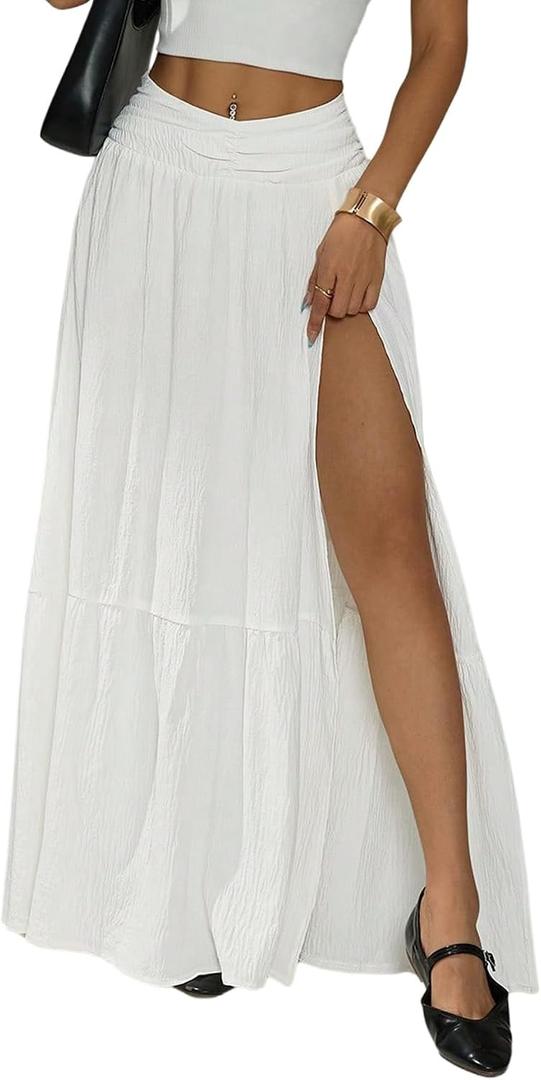 Milumia Women's High Waist Ruffle Hem Maxi Skirt Split Thigh High Beach Long Skirts, Medium Petite