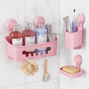 LEVERLOC Shower Caddy Suction Cup Set Shower Organizer & Soap Holder & Toothbrush Holder, Bathroom Shelf Basket NO-Drilling, Removable Suction Storage Waterproof Bathroom Caddy, Pink (3 X Pink)