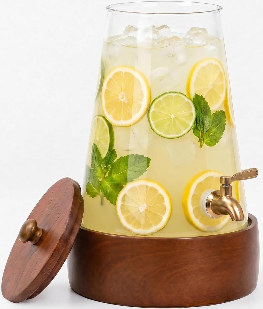 JOVGANK 1.7 Gallon (6.4L) Glass Drink Dispenser with Spigot & Wooden Base - Large Rustic Beverage Dispenser for Parties, Iced Tea, Lemonade, Sangria - Leakproof Drink Pitcher with Base and Lid
