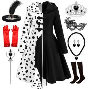 Akokvlar 9PCS Girls Dalmatian Print Costume Vintage Halloween Dress Up Outfit (10-11 Years, White)