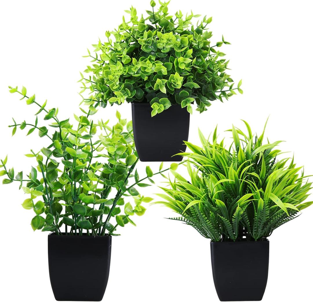 GREENTIME Artificial Potted Plants Set of 3 Mini Fake Plant 3 Pack Small Eucalyptus Black Potted Wheat Grass Faux Greenery for Home Office Desk Bathroom Shelf Bedroom Indoor Decorations