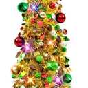 N&T NIETING Pop Up Christmas Tree with Lights, Collapsible Tinsel Xmas Tree Decorations, Pencil Christmas Tree Skinny Tree for Holiday Xmas Home Office Decor, 30 Balls, 5Ft, Gold Mix