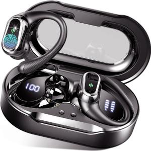 Wireless Earbuds, 2025 Bluetooth 5.4 Headphones Sport, Bluetooth Earbuds with ENC Noise Canceling Mic, 50H Stereo Wireless Headphones IP7 Waterproof with Earhooks, Dual LED Display for Workout/Running (Cream Black)