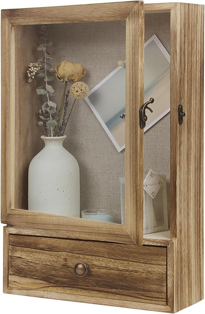 Butizone Shadow Box Frame, 3.2" Deep Shadow Box Display Case with Real Glass and Drawer, Rustic Wood Memory Box for Pictures, Flowers, Memorial, Medals, Wedding Bouquet for Wall or Tabletop, Brown