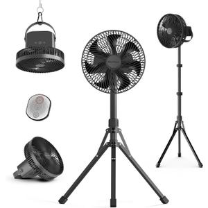 Marchpower 10in Foldable Camping Fan, Detachable Tripod, 10000mAh Rechargeable, Remote Control, Quiet Oscillating, Adjustable Height Pedestal Floor Fan for Home (Black)