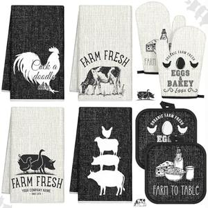 VitalCozy Oven Mitt Set 4 Farmhouse Dish Towels 2 Rustic Square Potholders 2 Decorative Heat Resistant Glove for Cooking Baking Home Gifting