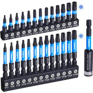 toolant Impact Torx Bit Set 27pcs (TT7-TT40), S2 Steel Security Torx Bit Set, Tamper Proof Star Bit Set with CNC Machined Tips, 1"&2" Long Impact Bits with Magnetic Bit Holder and Storage Box (26+1PCS)
