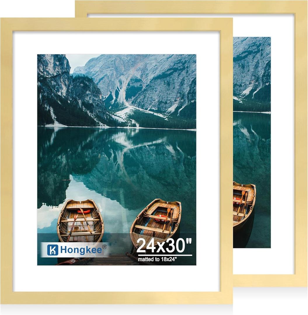 Hongkee 24x30 Frame Set of 2, Gold Wood Style - Display Posters 18 x 24 with Mat or 24x30 without Mat, Wall Mounting Horizontal and Vertical