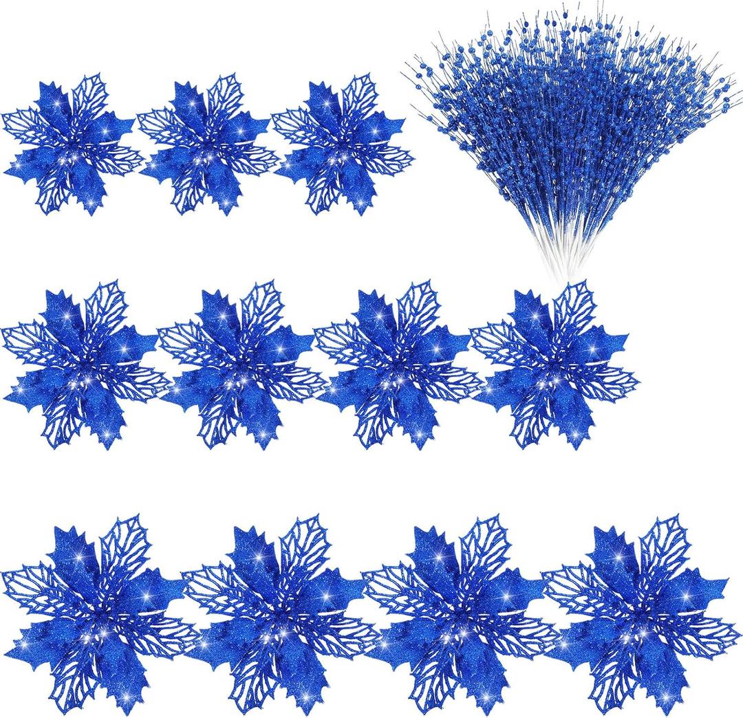48 Pieces Christmas Tree Picks Ornaments 24 Christmas Poinsettia Flowers (3/4/6 Inch) 24 Artificial Berry Stem Glitter Sticks Christmas Picks Branches Holiday Wedding Party Decoration(Blue)