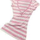 Y2k Grunge Striped Shirts Women Teen Girls Fitted Emo Goth Top 2000s Clothing Vintage Tees Streetwear (Pink, Small)