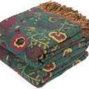 Boho Throw Blanket for Bed 100% Cotton Soft Lightweight Quilt Home Decor Bed Blanket, Floral Embroidery Reversible All Season Bohemian Breathable Twin Throws for Sofa Couch Chair 60"×80"
(Flower-dark Green)