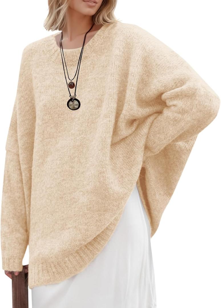 Saodimallsu Womens Oversized Tunic Sweaters Long Sleeve Crew Neck Chunky Knit Slouchy Casual Pullover Sweater Tops (Large, Apricot)