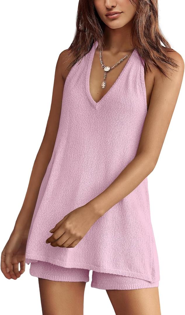 Panadila Womens Summer Two Piece Sets Beach Vacation Outfits Halter Neck Tank Top and Shorts Set Knit Lounge Clothes (Large, Light Pink)
