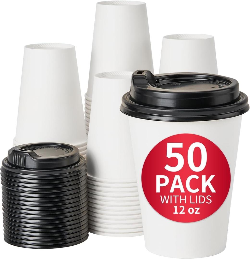 RACETOP 12 oz 50 Pack Disposable Paper Coffee Cups with Lids, Paper Coffee Cups with Lids 12 oz, Hot Cup for Home/Office, White, 12 oz, 50 Pack With Lids