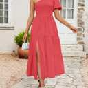 ZESICA Women's Boho One Shoulder Midi Dresses 2026 Summer Short Sleeve Smocked Split Ruffle Flowy Beach Vacation Dress (L)
