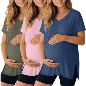 Ficerd 3 Pack Women's Maternity Shirts Short Sleeve Pregnancy T-Shirts V Neck Split Side Tops Casual Soft Maternity Clothes (Large, Army Green, Muted Pink, Hazy Blue)