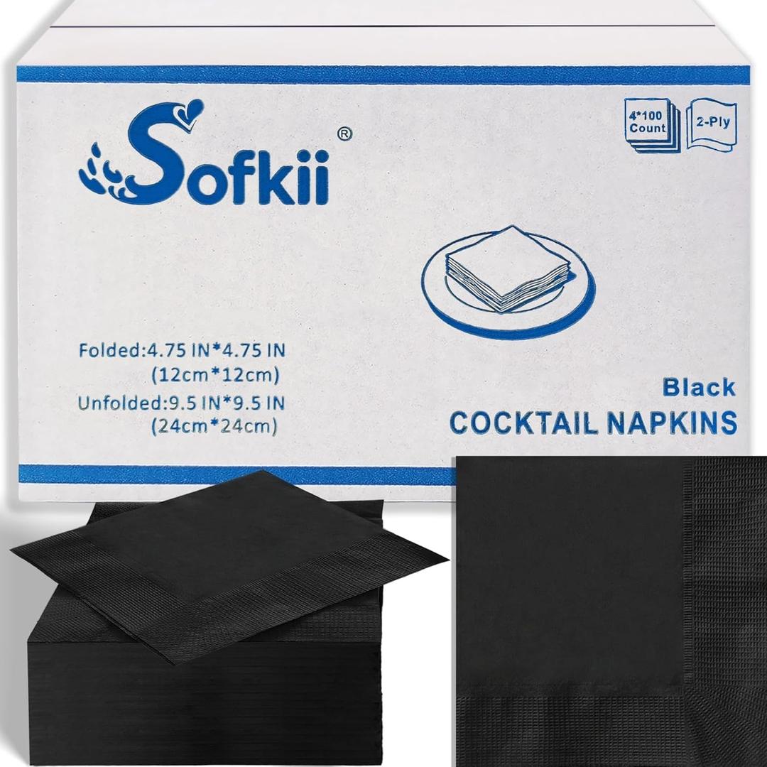 400 Count Black Cocktail Napkins, 4.75x4.75 Inch 2-Ply Disposable Paper Napkins, Bulk Beverage Napkins for Dinner Wedding Bar Party and Daily Use
