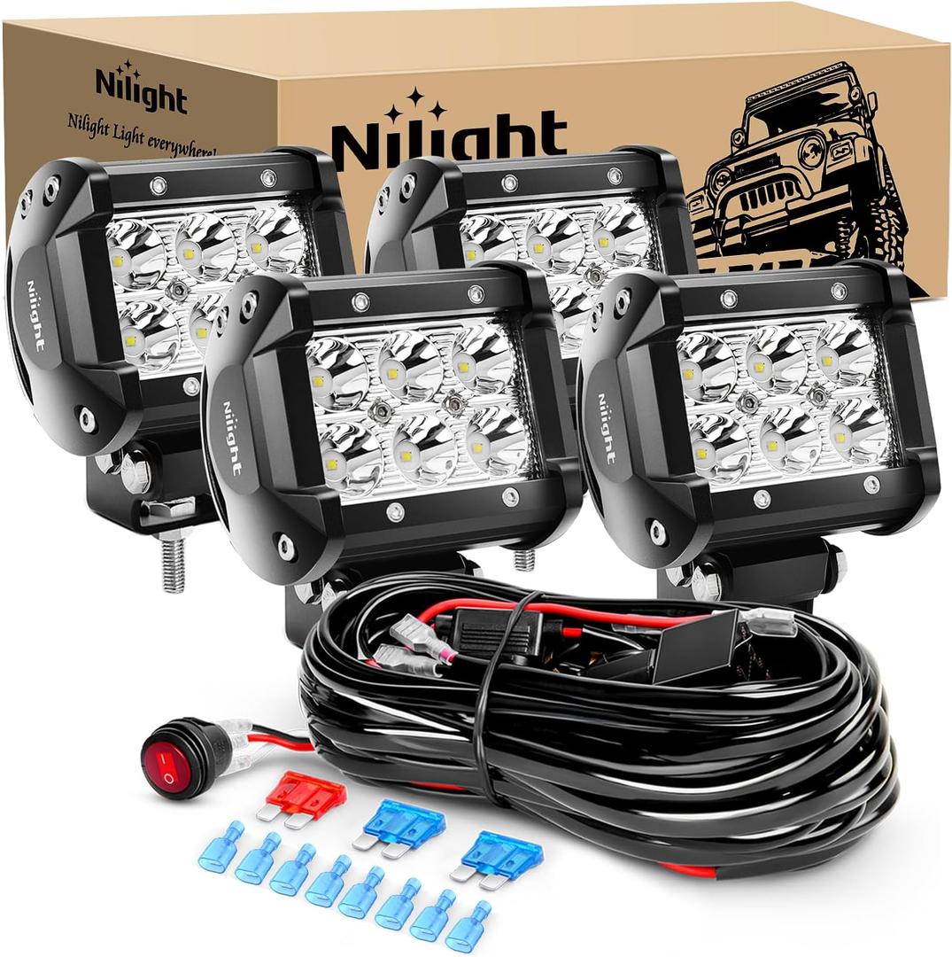 Nilight 4PCS 4 Inch 18W Spot Led Light Bars LED Work Lights Led Fog Lights Off Road Driving Lights with Off Road Wiring Harness