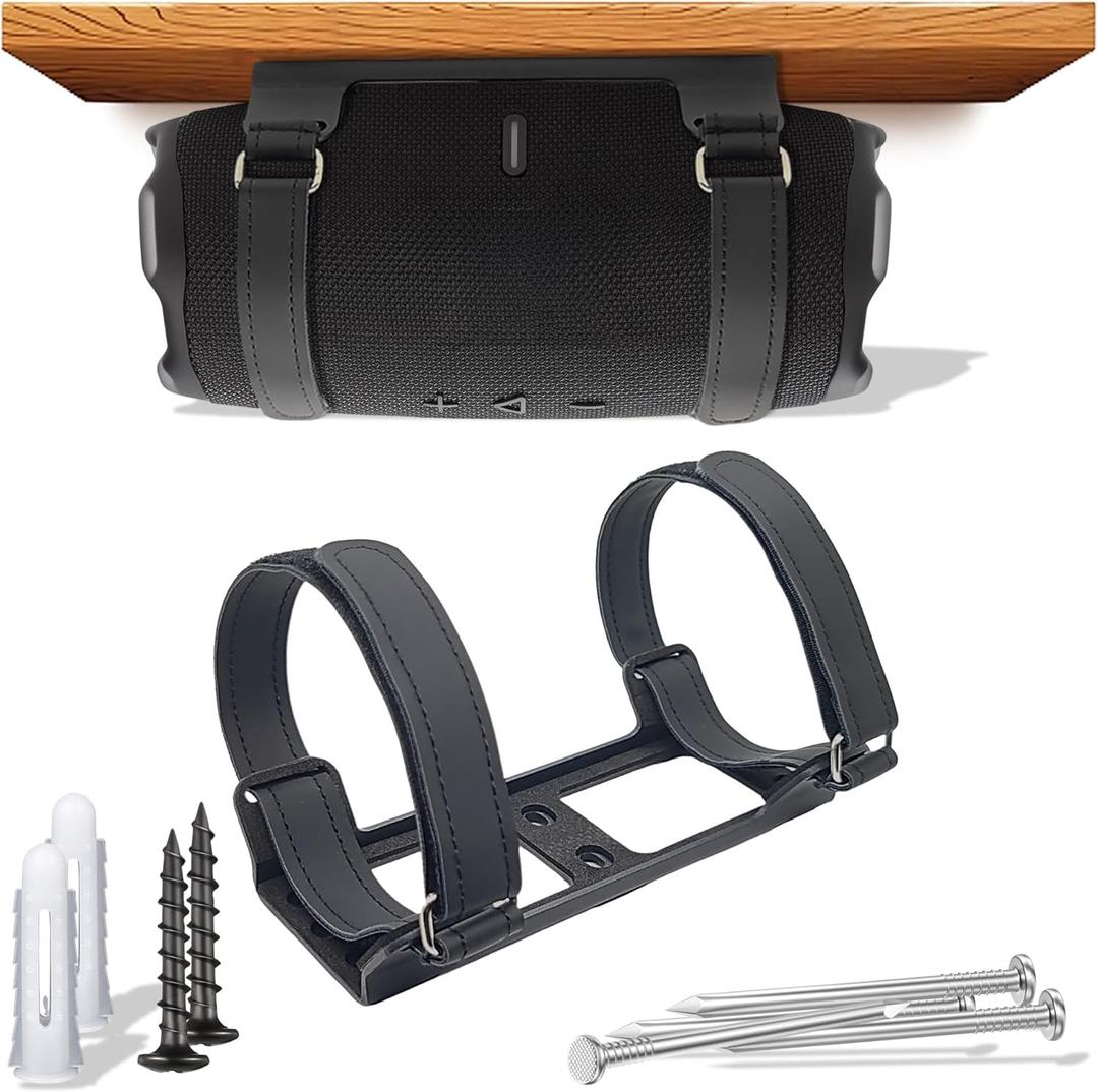 Metal Wall Mount Compatible for jbl Charge 6/Charge 5,4,3/Flip 7/Flip 6,5,4,Secure Shelf Holder with Adjustable Leather Straps, Speaker Wall Bracket for Ceiling (Black) (Longer)