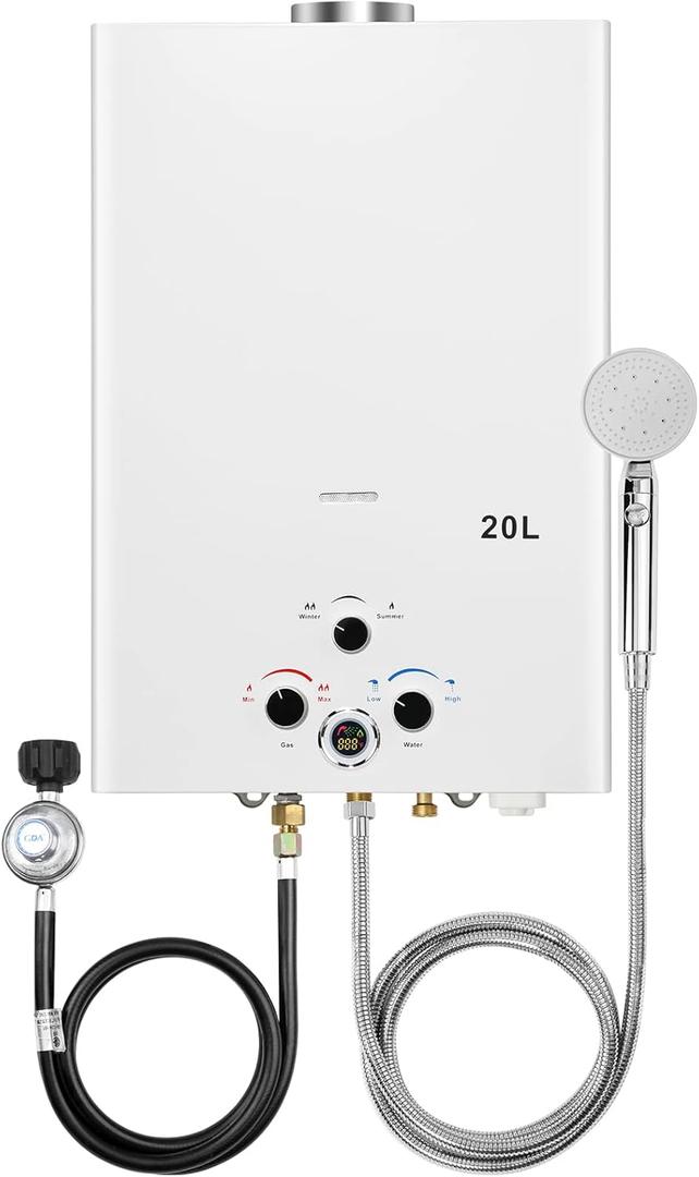 Tankless Water Heater Propane 5.26GPM 20L Outdoor Portable Gas Hot Water Heaters Instant Propane Water Heater with Digital Display Multi-Protection for Camping Trips Boat Cabins, White