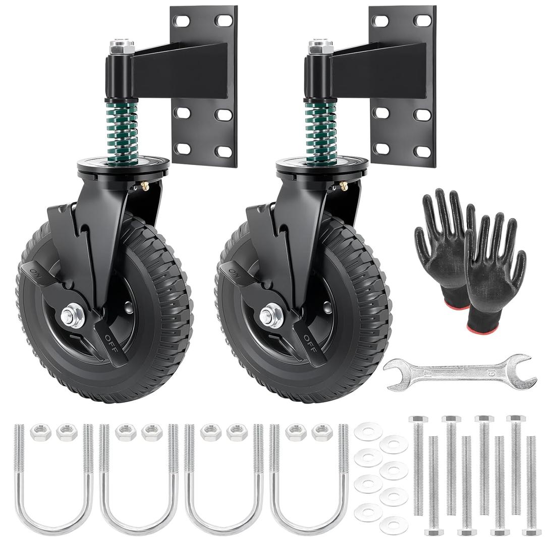 2Pcs 8 Inch Fence Gate Wheels with Brake 2 Install Heavy Duty Gate Wheels for Metal Wooden Gate Sliding Hardware 600lb Capacity 360 Rotation Spring-Loaded Farm Garden Caster Screwdriver Gloves Black