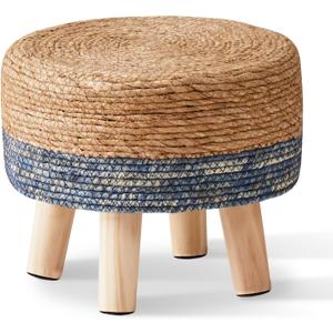 Cpintltr Foot Stool Natural Seagrass Hand Weave Poufs Round Ottoman for Couch Desk Soft Step Stool Padded Foot Rest with Non-Skid Pine Legs for Hallway Office Lounge Natural/Blue
