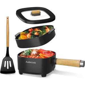 Audecook Hot Pot Electric 2L, Ceramic Glaze Non-Stick Frying Pan 8 Inch, Portable Travel Cooker for Ramen/Steak/Fried Rice/Oatmeal/Soup, with Dual Power Control (Silicone Spatula Included) (E(Black/with Steamer))