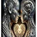 Framed 3D Love Wall Art Canvas Mural Futurist Gallery Couple Fantasy Robot Romantic Poster Art Bedroom Living Room Office Game Room High tech Aesthetic Decoration 16x24 inches