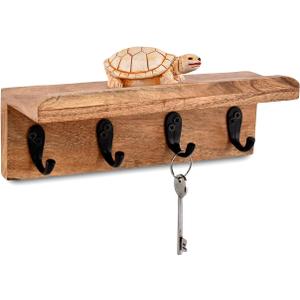 NIRMAN Acacia Wood Rustic Key Holder for Wall, Farmhouse Wall Shelf with 4 Hooks for Entryway Farmhouse Kitchen (10" x 3.5" x 3.5")