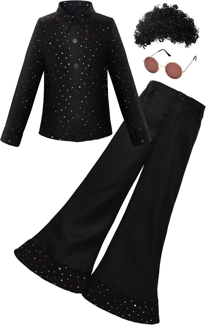 JerrisApparel 70s Kids Disco Costume Boys Retro Hip Hop Outfit Vintage Hippie Shirt Pants Sets L