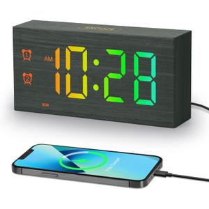 Alarm Clock,Digital Alarm Clock for Bedroom,RGB Wooden Alarm Clocks with Dual Alarm,Large Display,9 Min Snooze,5 Level Brightness,USB Port Desk Bedside Clock for Child Girls Wood Dcor,with Adapter