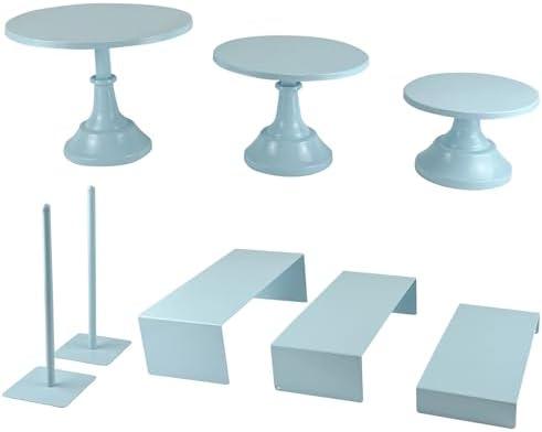 FESTLOVE Set of 8 Blue Cake Stands Donut Holder Round Metal Dessert Display Risers Cupcake Stand Serving Platter for Weddings Birthday Baby Showers Anniversary Party
