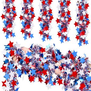 50FT 4th of July Patriotic Tinsel Garland, Glitter Tinsel Garlands with Red White Blue Star, Metallic Holiday Hanging Streamers for Memorial Day Independence Day Indoor Outdoor Party Dcor