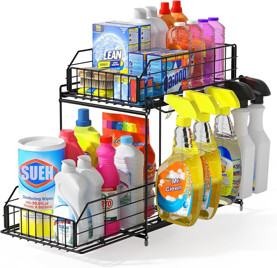 SUEH DESIGN Under Sink Organizer, 2 Tier Bathroom Cabinet Organizer Metal Kitchen Sink Organizer with Hanging Rail for Kitchen Bathroom Organization and Storage, 1 Pack