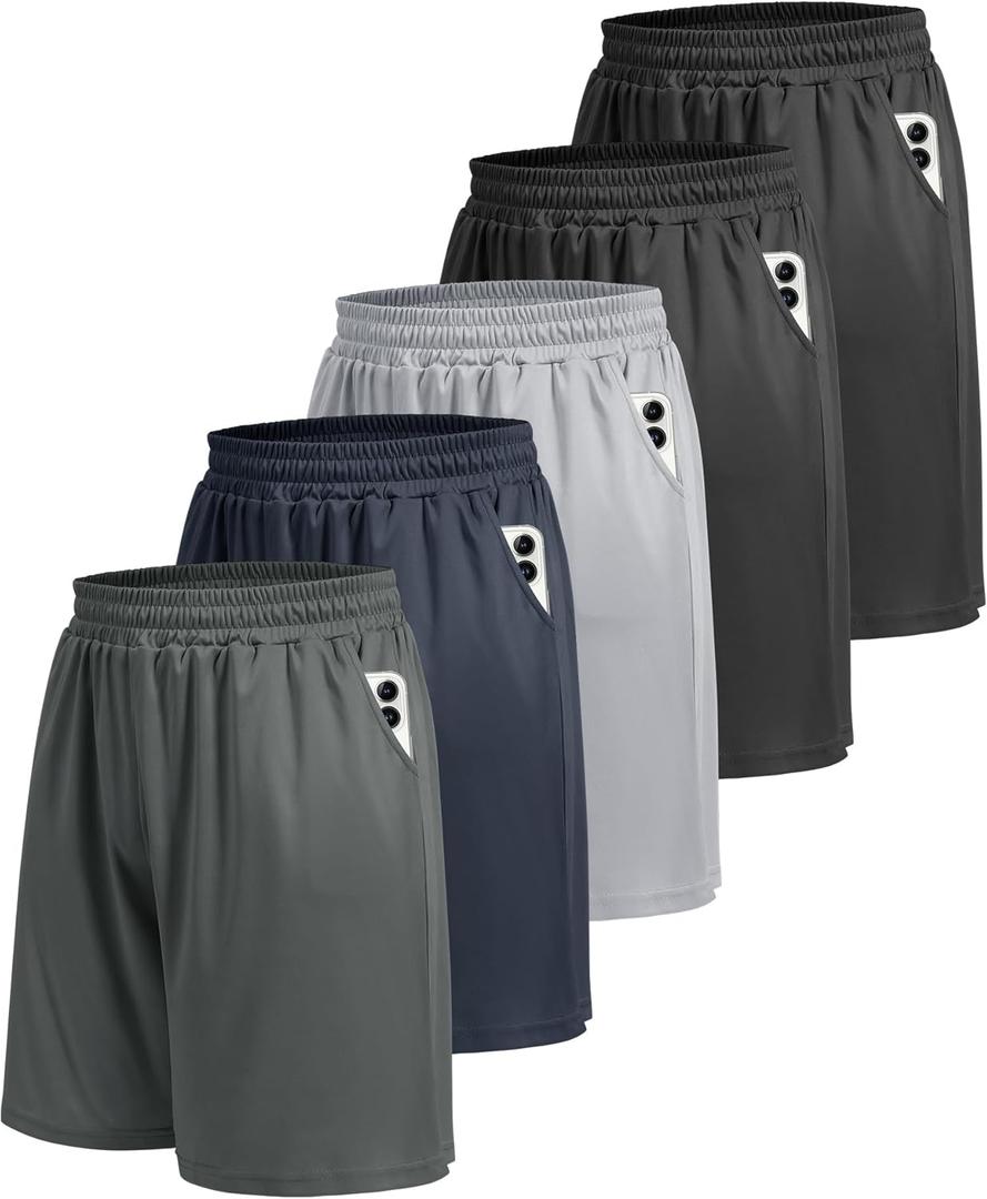 BOOJO 5 Pack Athletic Gym Mens Shorts - Workout Black Quick Dry Basketball Shorts with Pockets for Running Casual Activewear (Large, 1-black/Black/Dark Grey/Navy Blue/Light Grey)