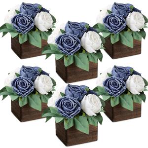 Dining Table Centerpiece Set of 6 - Pre-Made Aritifial Rose with Wooden Vase Fake Floral Arrangment Faux Flower for Wedding Bridal Tea Party Event Decorations - Navy Blue & White