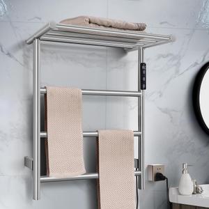 Towel Warmer Wall Mounted with 3 Electric Stainless Steel Heated Bars, Hot Towel Rack for Bathroom, Plug-in BathTowel Heater with Built-in Timer, Brushed Nickel