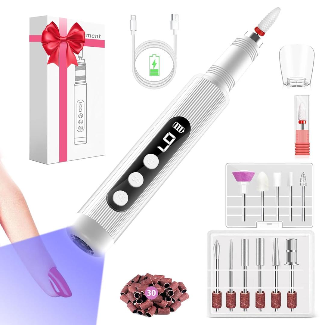 Electric Nail Drill Kit with U V Nail Lamp,Portable Cordless Electric Nail File with Display Screen,9 Speeds Professional Manicure Pedicure Polishing 12-in-1 Nail Drill Kit for Home and Salon Use