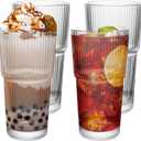 Drinking Glasses19oz Ribbed Glassware, 4 Pack Old Fashioned Glasses,Thickened glass for iced coffees, smoothies, cocktails and juices, perfect for families and parties (4)